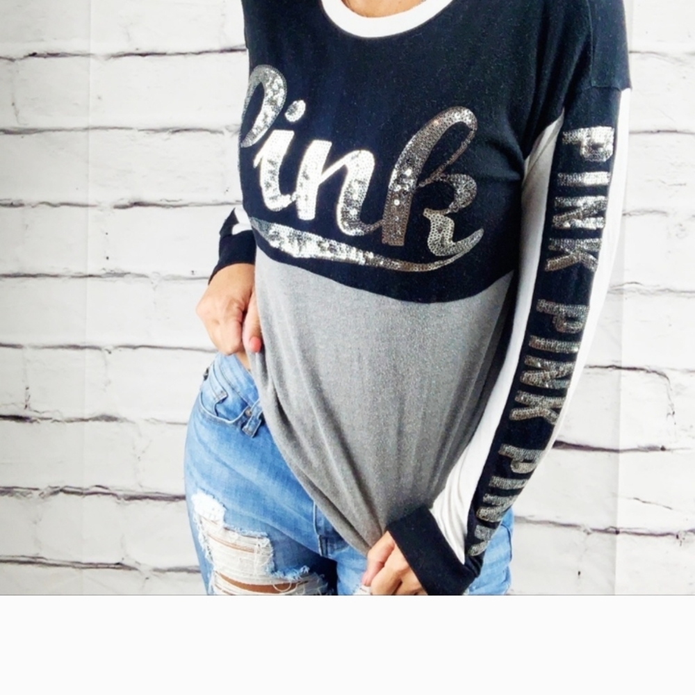 PINK Victoria's Secret Gray and Black Sequin Long Sleeve Hoodie